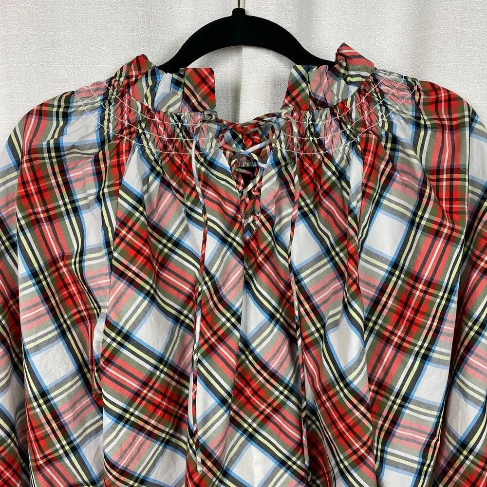 J.Crew Tartan Plaid Smocked Neck Popover Blouse Sz.XS